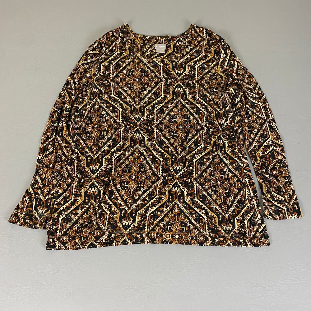 Chico's Blouse Top Women's Size 3 (US‎ XL )  Brown Black Geometric Long Sleeve